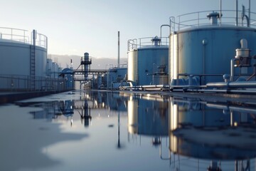 Fototapeta premium pink and blue industrial area with a waterway running through it