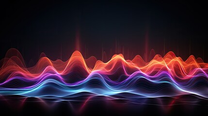 Photograph of a vibrant 3D illustration of sound waves pulsating with energy, rendered in a neon color palette against a dark background