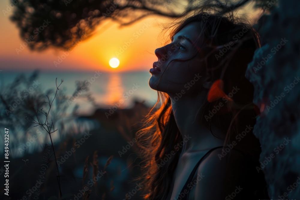 Aufkleber a woman stands in front of a tree during sunset, great for use in editorial or personal projects