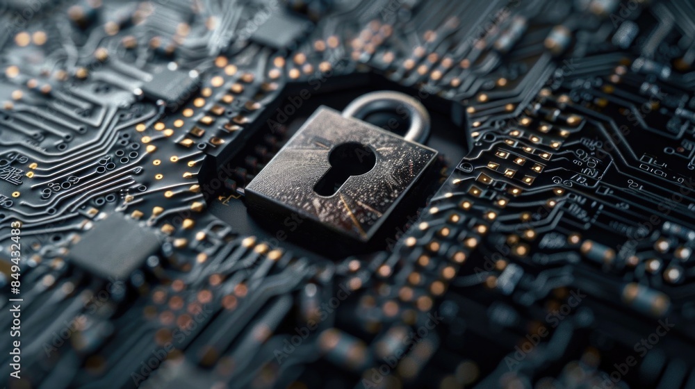 Poster A close-up shot of a padlock attached to a circuit board