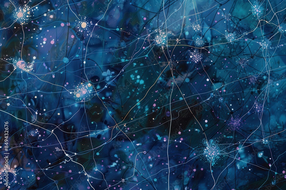 Poster abstract blue network of interconnected nodes and lines, representing digital communication and comp