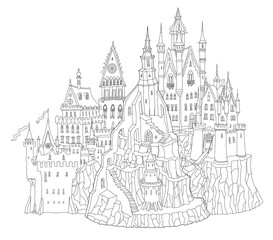 Fairy tale castle fortress. Hand drawn black and white architectural sketch for coloring book page