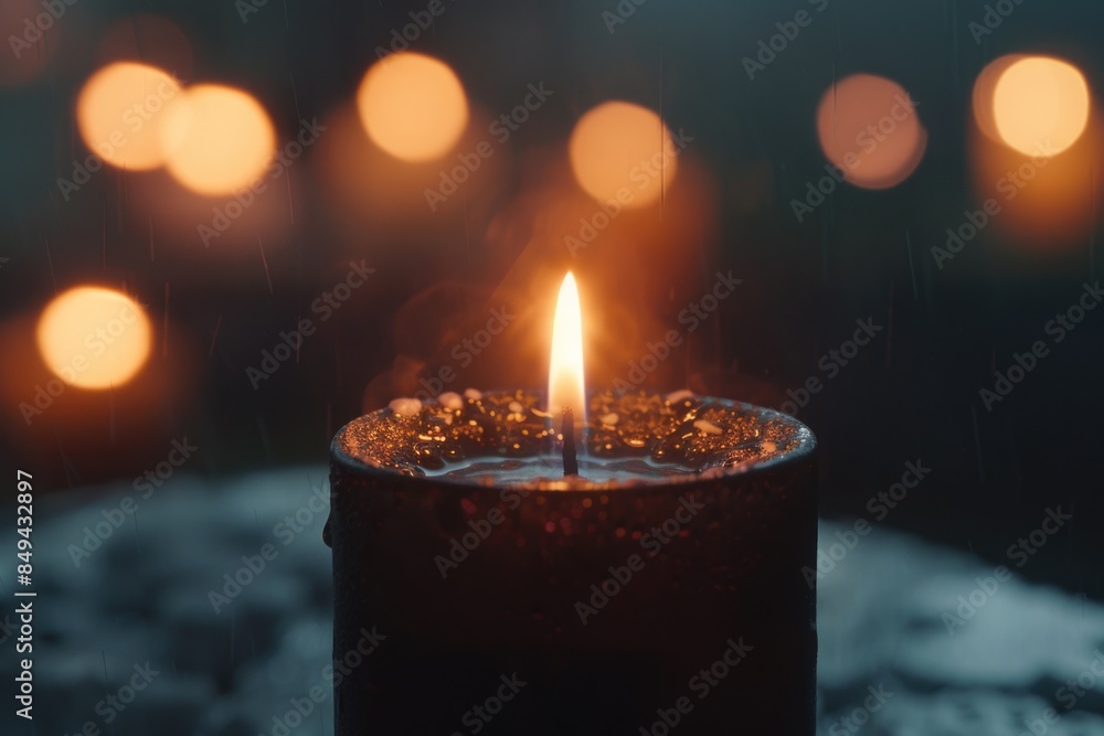 Poster a single lit candle sitting on top of a table, ideal for use in still life photography or as a decor