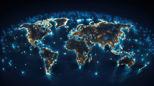 Photograph of a world map woven from a tapestry of digital lines and nodes, symbolizing the boundless reach and enduring power of global business