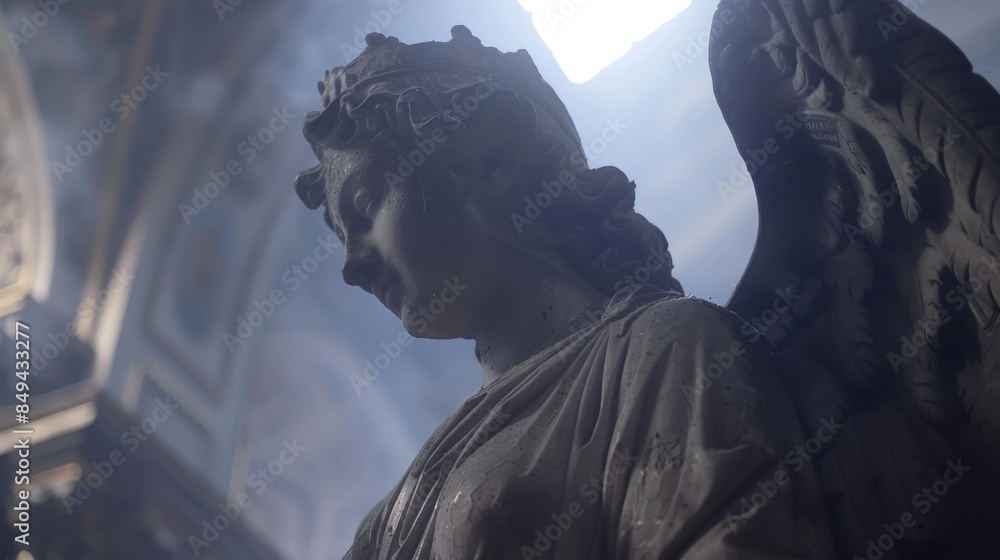 Aufkleber a statue of an angel with a clock in the background, suitable for use in design projects or as a dec