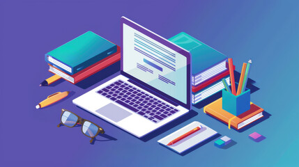 Colorful illustration with computer, books and notebooks.