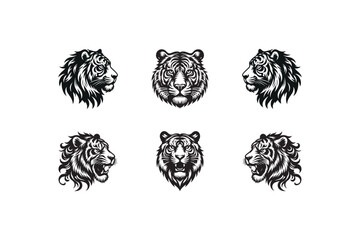 Set of tiger head silhouette vector art illustration