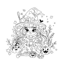Vector illustration of an anime girl in a witch hat. Halloween party. lantern Jack o'Lantern