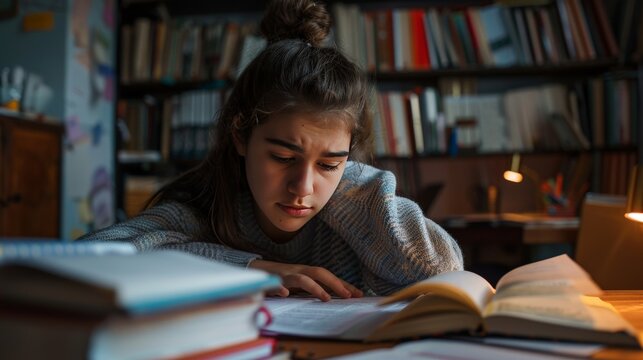 Young woman reading a book in a library, surrounded by bookshelves