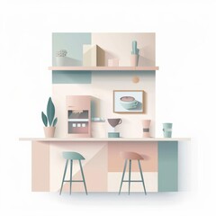 Tiny minimalist coffee shop, interior clipart, geometric shapes, pastel palette, isolated on white background