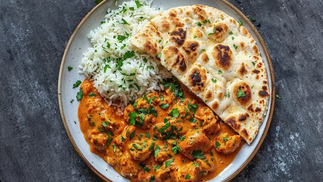 Delicious Indian Butter Chicken with Naan and Rice