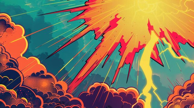 Retro comic-style background with a vibrant thunder illustration, evoking a sense of nostalgia and excitement