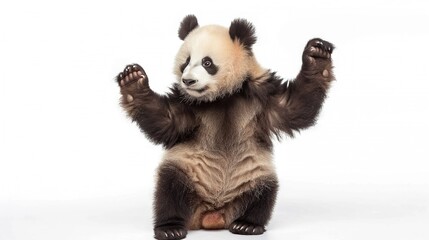   Panda sitting on hind legs, white background, paws up