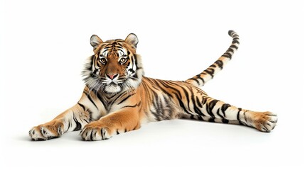 Fototapeta premium A tiger rests on the ground with its head turned slightly and wide-open eyes