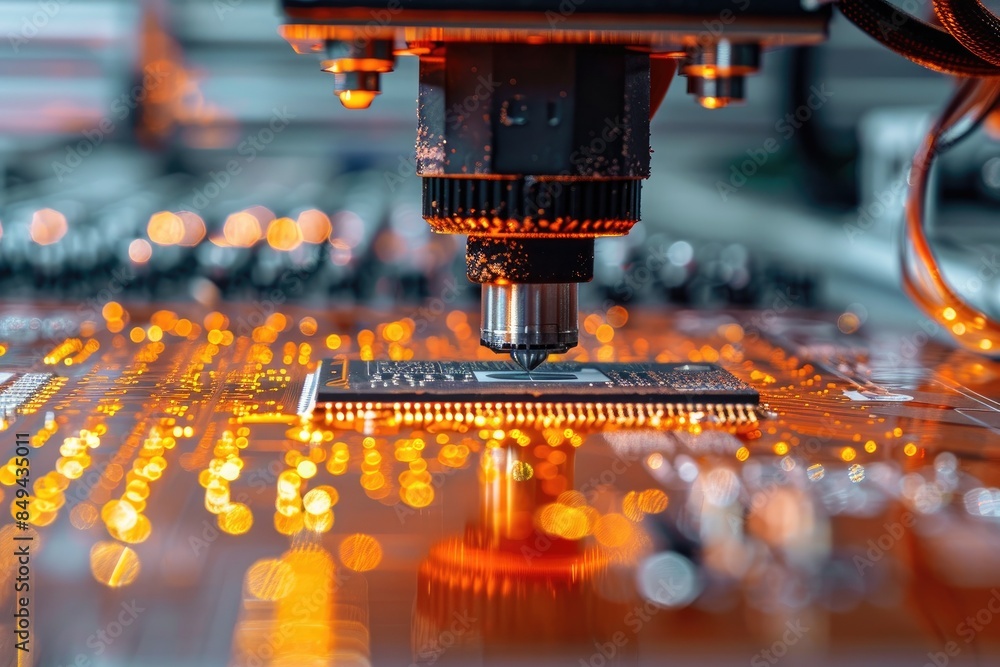 Poster Printed circuit board assembly process. Conveyor with robotic arms in electronics factory. Semiconductor manufacturing industry