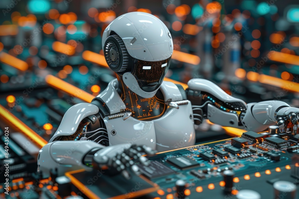 Aufkleber advanced humanoid robot assembling electronics on a circuit board