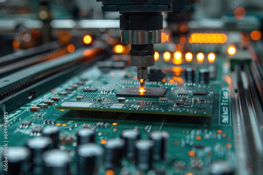 Aufkleber Printed circuit board assembly process. Conveyor with robotic arms in electronics factory. Semiconductor manufacturing industry