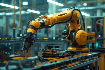 Fototapeta premium Robotic arm for electronic assembly line. Smart modern factory automation using advanced machines.
