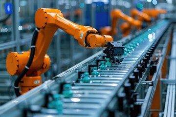 Fototapeta premium Robotic arm for electronic assembly line. Smart modern factory automation using advanced machines.