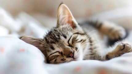   A close-up of a cat napping on a white and pink bedspread and white sheets