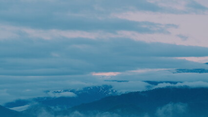 Overcast Winter Mountain Landscape. Mountains On Cloudy Winter Day With Overcast Sky And Fluffy...