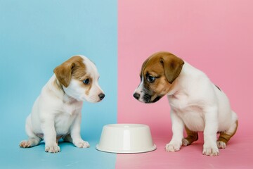 Two jack russell terrier puppies sitting on a pink and blue background, looking at a dog bowl