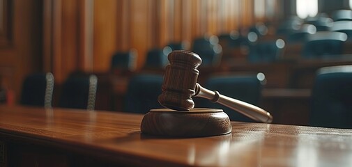 Wooden gavel placed on a table in an empty courtroom. Symbol of law, justice, and the judiciary system awaiting proceedings.