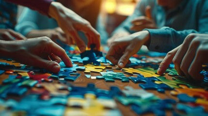 Multiple hands working together to assemble a colorful jigsaw puzzle on a table, symbolizing teamwork, cooperation, and problem-solving in a vibrant, dynamic setting
