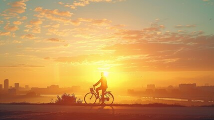 Obraz premium silhouette of a cyclist riding along a hill during a breathtaking sunrise, with the sky painted in vibrant hues, highlighting the beauty of early morning and the joy of outdoor activities