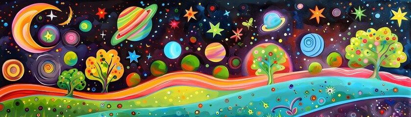 Vibrant Celestial Landscape with Whimsical Planets and Stars in Fantasy Universe