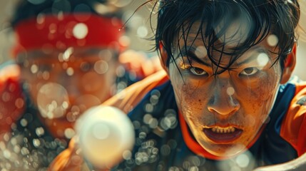 A captivating close-up of two table tennis players in the midst of a competitive rally The focus is on their intense expressions and quick reactions as they battle for each point The background is a