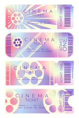 Set of cinema tickets with gradient design. Different shapes, front view. Cinema ticket template. Vector illustration
