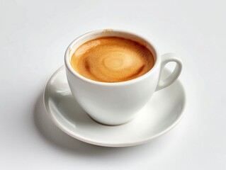 Naklejka premium Freshly brewed coffee in a minimalist white cup, isolated on a white background with studio lighting, highlighting the rich aroma and perfect crema