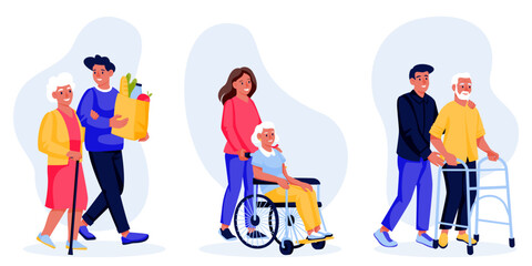 Fototapeta premium Elderly person assistance, vector flat cartoon illustration. Support and care for senior people. Social work, volunteering concept