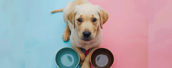 Cute labrador retriever puppy seated on a pink and blue backdrop, gazing up and deciding between two bowls