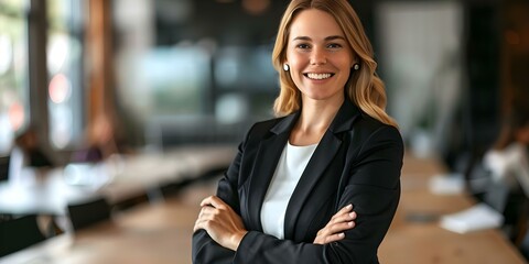 Fototapeta premium Confident businesswoman in professional attire smiling with arms crossed in boardroom meeting. Concept Corporate, Business, Success, Confidence, Professionalism