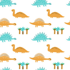 Naklejka premium Childrens animals pattern of cute baby dinosaurs collection. For textile. Nursery design. Childrens dinosaurs background with tropical tree. Childish animals pattern, hand drawn elements.
