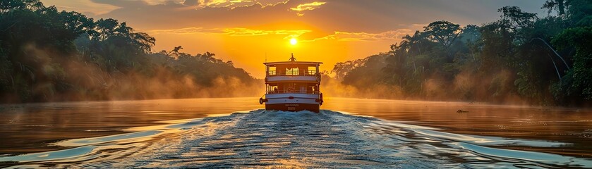 A riverboat sails into the sunset in the Amazon rainforest.