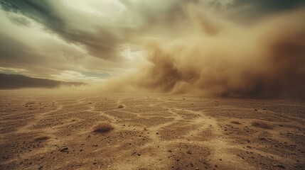 wide angle landscape of a desert wasteland with a dusty sandstorm going on