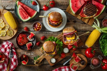 Capture the essence of summer with a vibrant top-down view of a beautifully arranged table, featuring mouthwatering burgers, golden corn on the cob, and refreshing watermelon slices.