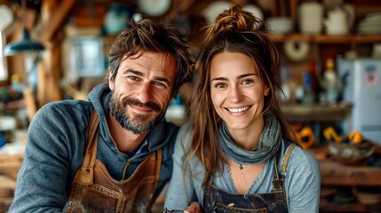 Obraz premium A man and a woman are standing in a workshop