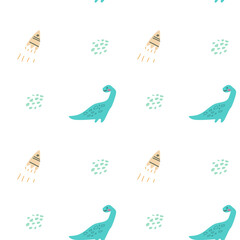 Childrens animals pattern of cute baby dinosaurs collection. For textile. Nursery design. Childrens dinosaurs background with tropical tree. Childish animals pattern, hand drawn elements.