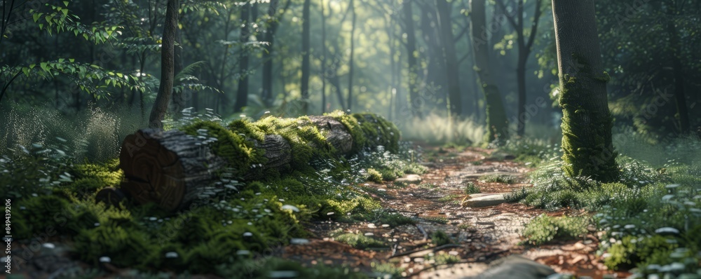 Poster sunlit forest path with a fallen log covered in moss and fungi, 4k hyperrealistic photo