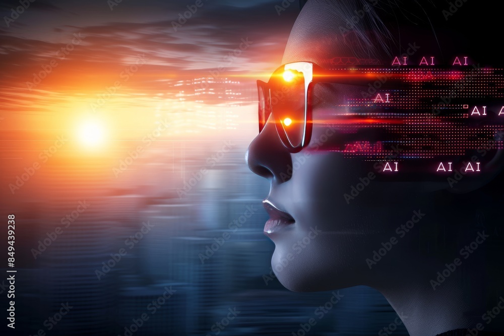 Poster virtual reality interface with ai integration, visualizing digital landscapes and futuristic concept