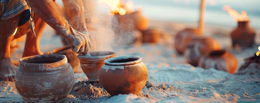 Summer beachside pottery firing demonstration, potters and kiln firing, 4K hyperrealistic photo.