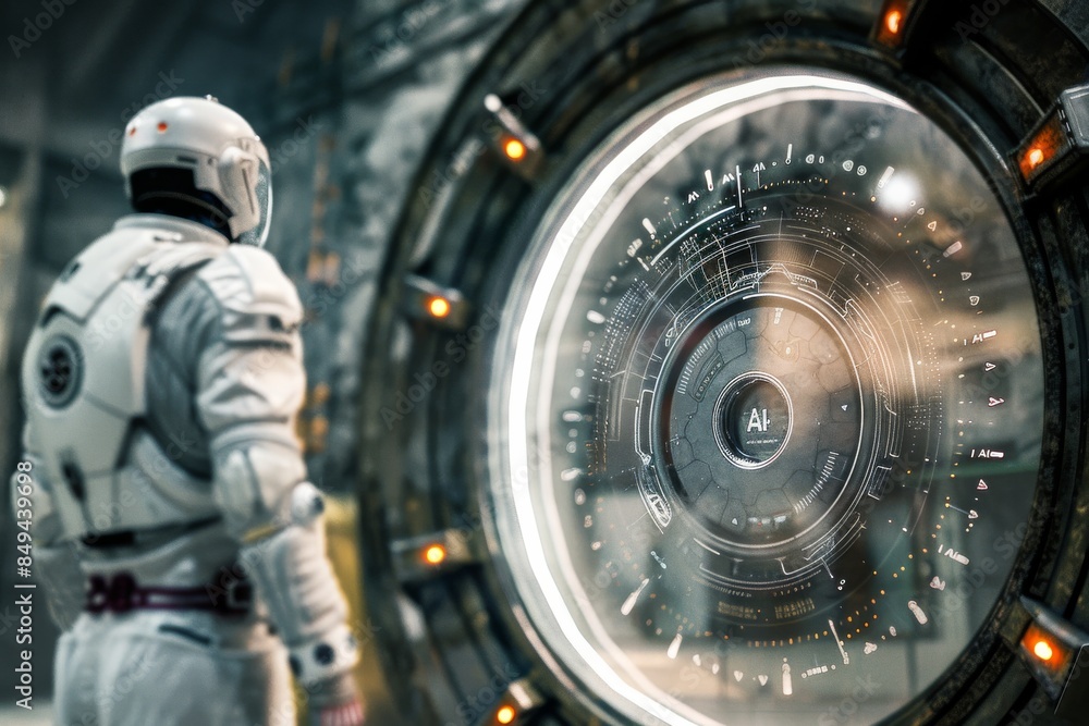 Poster astronaut encounters futuristic ai machinery in space, depicting advanced technological exploration.