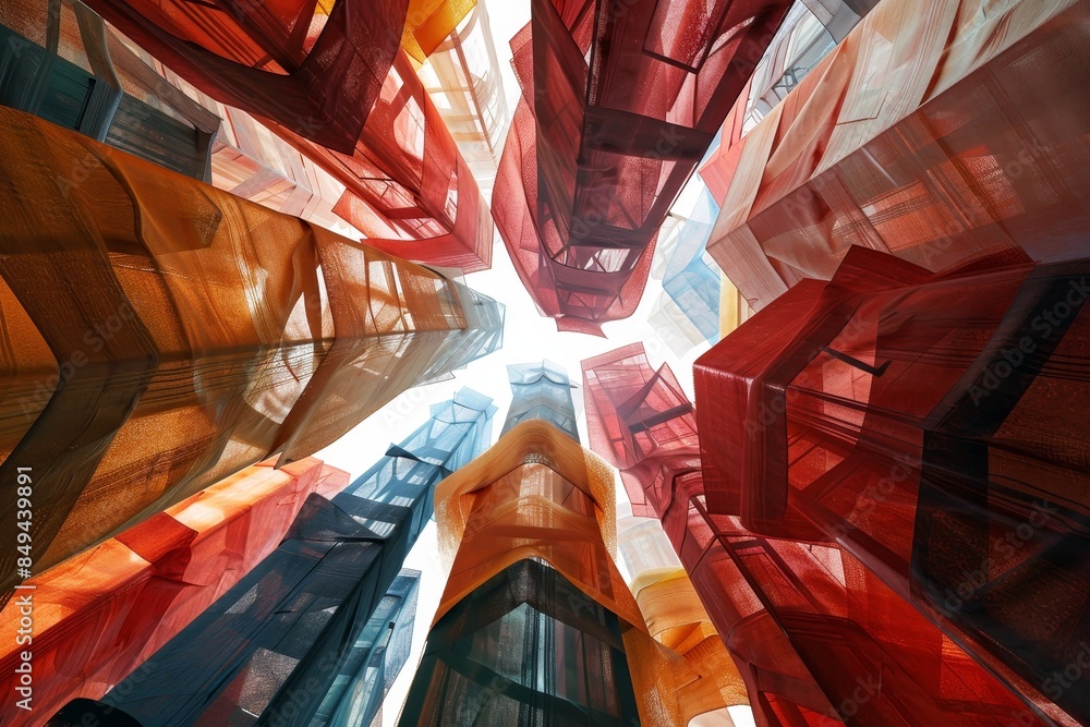 Poster A colorful image of buildings with a red and yellow building in the center