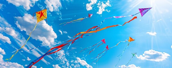 Family flying kites for National Play Outside Day, October 8th, colorful kites against the blue sky, 4K hyperrealistic photo.