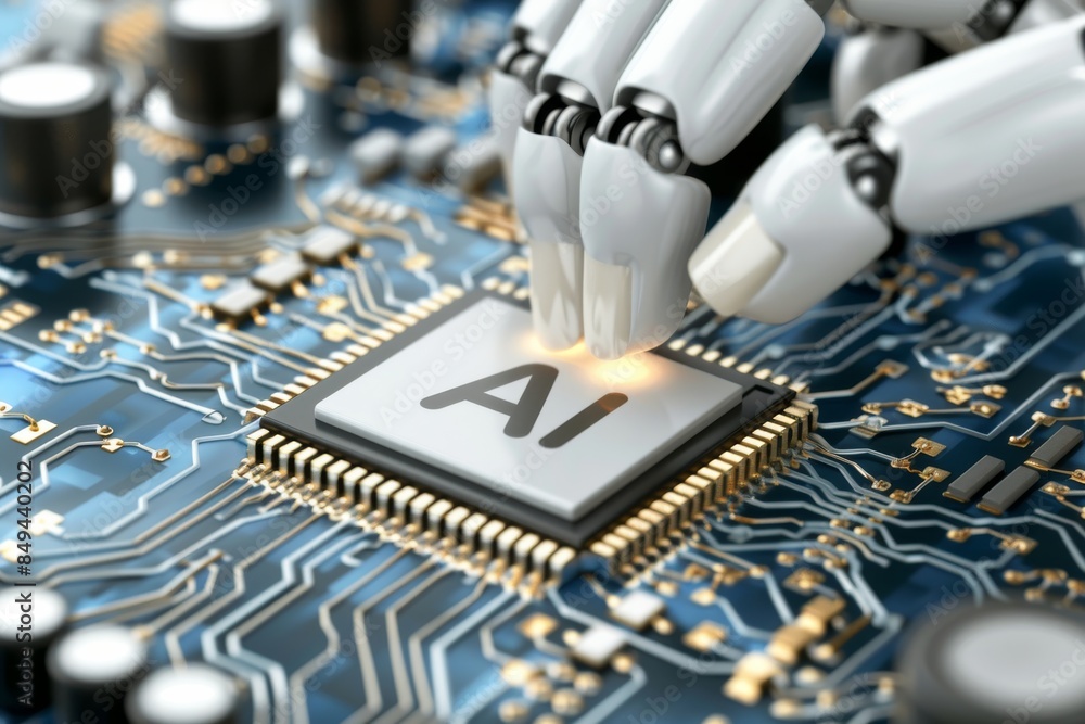 Poster robotic hands perform precision tasks on an ai microchip, demonstrating advanced manufacturing techn