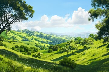 Fototapeta premium A breathtaking AI-generated landscape painting showcasing a peaceful countryside with gentle hills, abundant greenery, and a flawless sky.